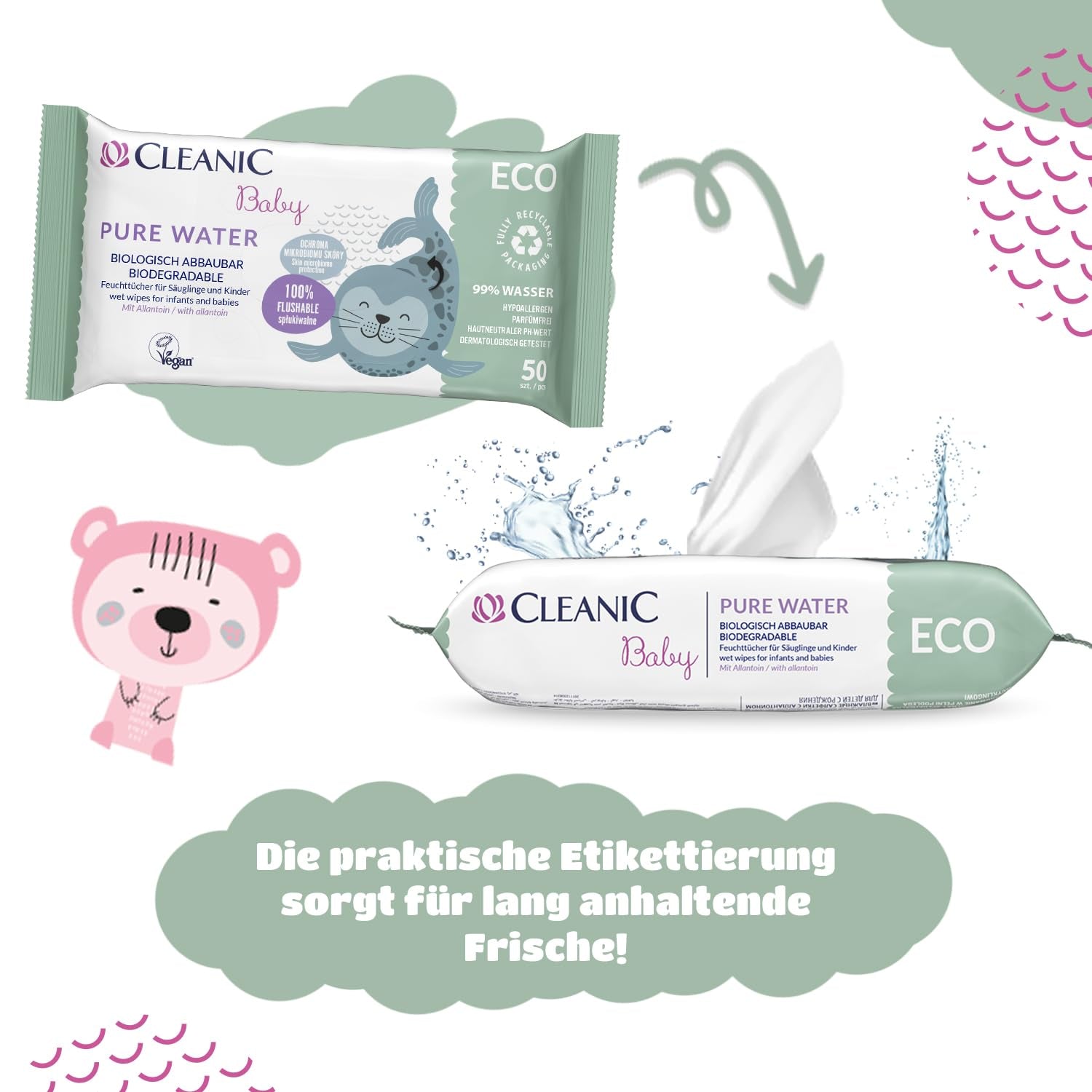 Șervețele umede Cleanic Baby Eco Pure Water – (1 x 50 buc.) Șervețele umede pentru copii și sugari – fără parfum, se pot arunca la toaletă, piele sensibilă – 50 buc.