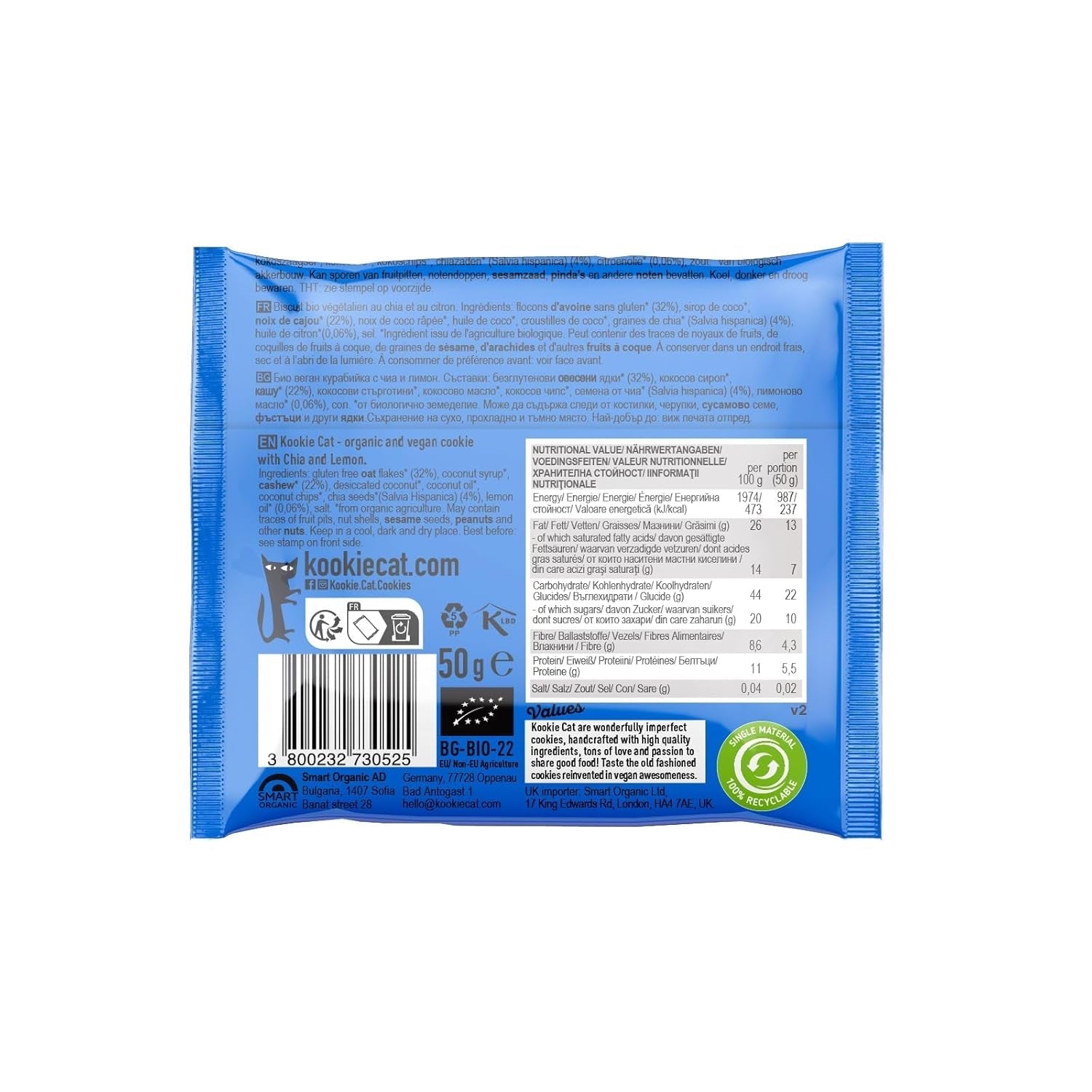 Chia și Lămâie - Fursecuri Vegane Ambalate Individual, Fără Gluten, Fără Soia, Organice, Caju și Ovăz - Pachet Multiplu de 12 x 50g