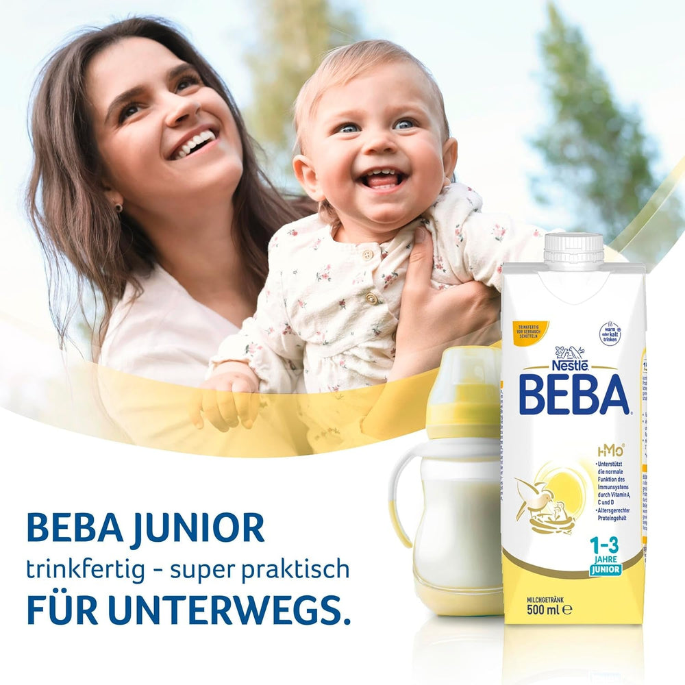 Băutură cu lapte gata de băut BEBA Junior 1-3 ani, cu HMO, conținut de proteine adecvat vârstei, fără ulei de palmier, fără ulei de pește, hrană pentru copii mici, pachet de 6 (6 x 200 ml)