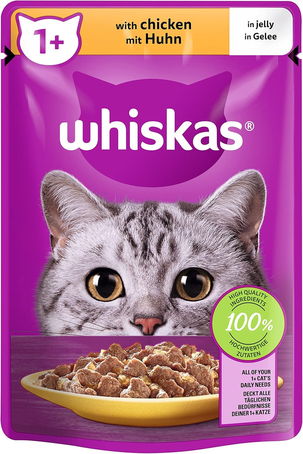 Hrană umedă Whiskas 1+ pentru pisici cu pui în jeleu, 28x85g (1 pachet) – Hrană umedă de înaltă calitate pentru pisici adulte în pliculețe cu 28 de porții