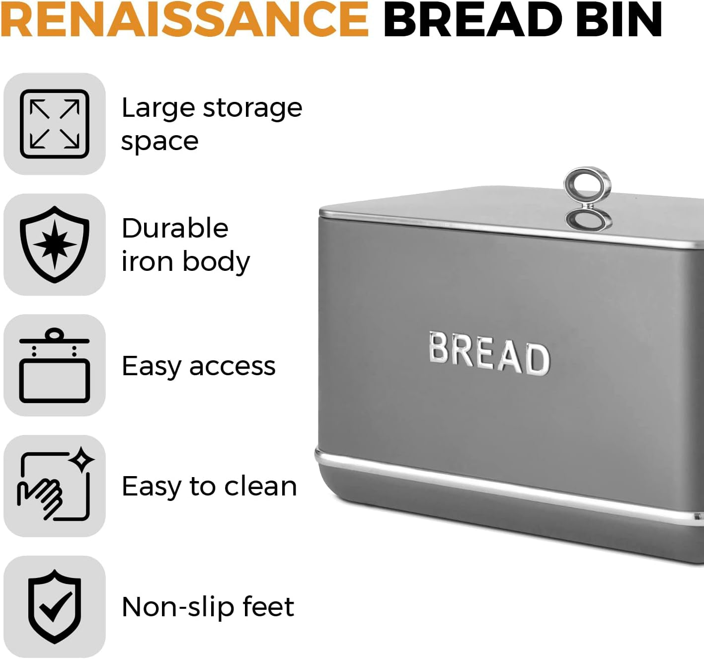 Tower T826175GRY Coș pentru pâine Renaissance, capacitate 16 l, capac simplu, gri Cutii depozitare alimente Naty Shop