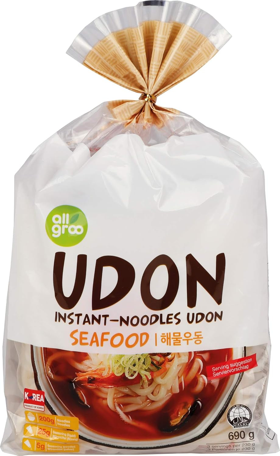 Tăiței instant Allgroo Udon - Supă Udon picantă, preparare rapidă - Conține 3 porții - 1 x 690 g