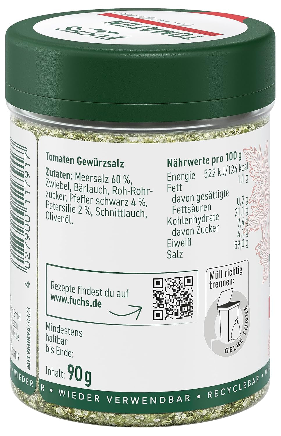 Fuchs Gewürze - Tomaten Gewürz - Gewürzsalz für Tomatenbrot, Frühstücksei oder Steak - natürliche Zutaten - 90 g in wiederverwendbarer, recyclebarer Dose
