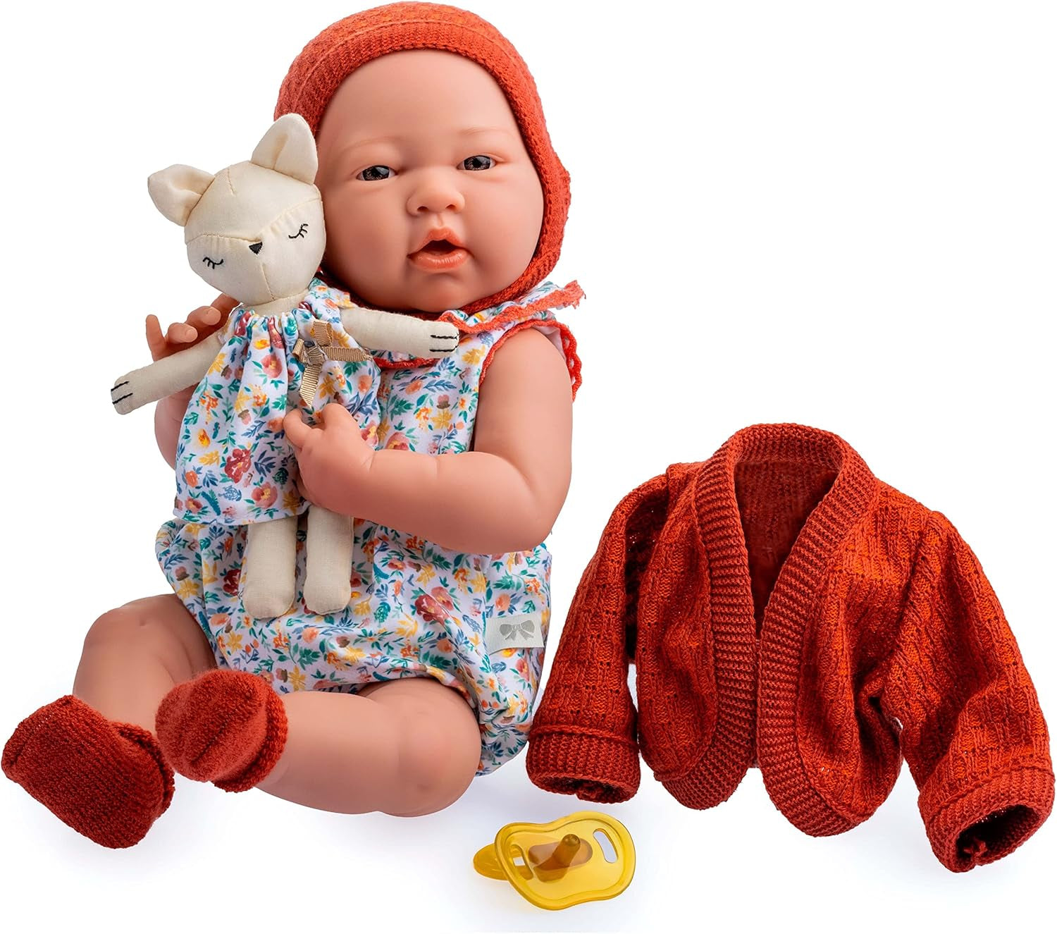 jc toys- Muñeca La Newborn recién nacida de 38 cm, de vinilo Suave, colección Nature, Con ropa floral, chupete y Peluche, niña, diseñada en España por Berenguer, +2 años