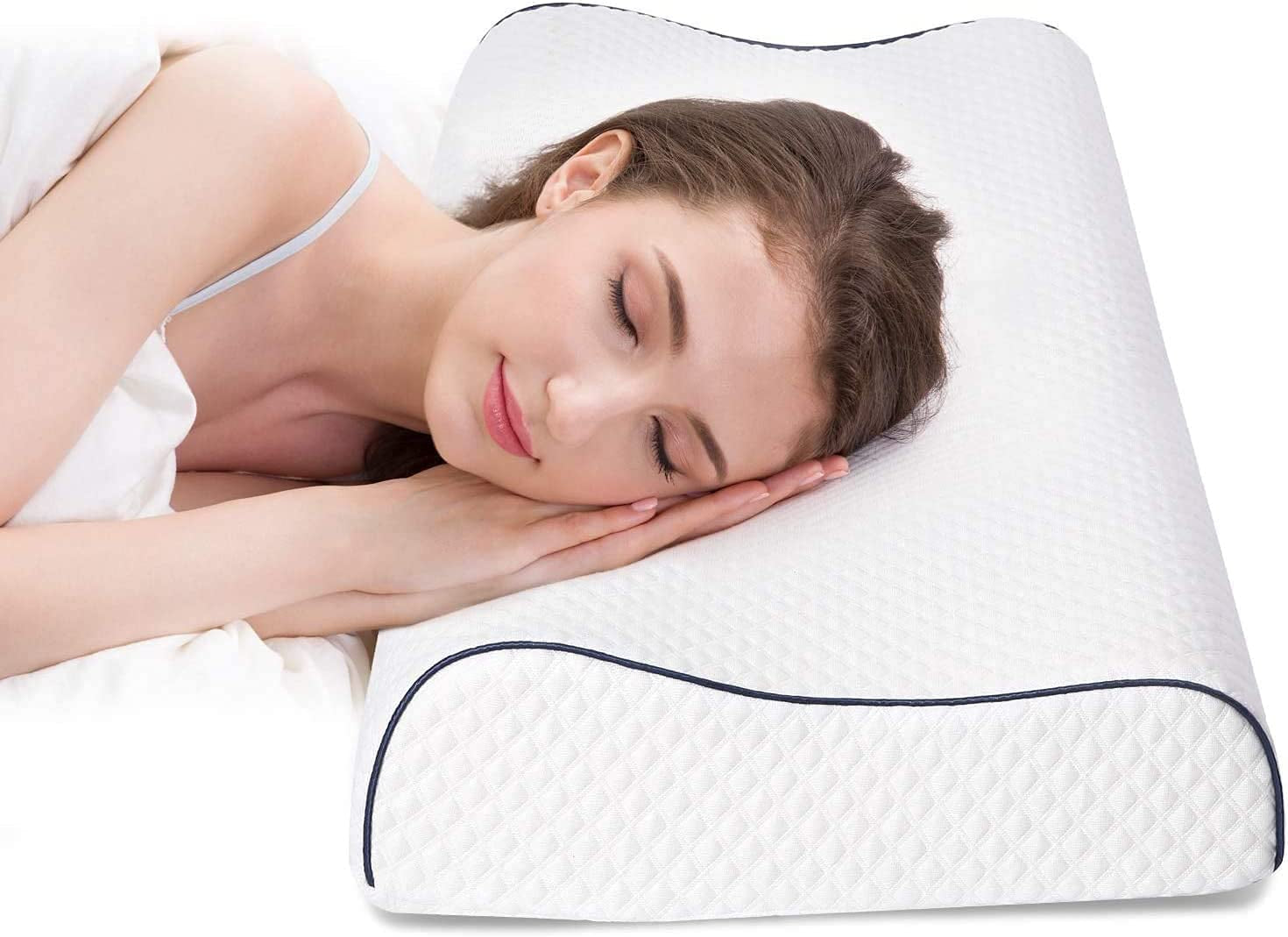 Fityou Pernă din spumă de memorie, pernă de sprijin pentru gât, pernă ergonomică de dormit, pernă de răcire, design cu două fețe, capac de pernă lavabil (67.5X40X13Cm) Perne ortopedice cervicale Naty Shop Marginea albastră 60X35X9/11Cm