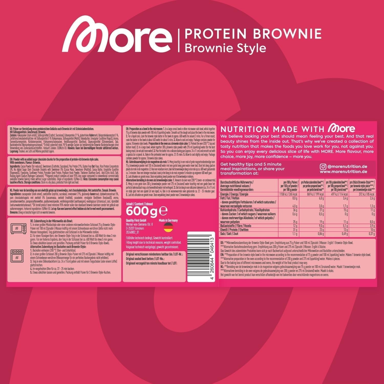 MORE Protein Brownie, 600G, Vegane Backmischung Für Brownies Mit Der Extra Portion Protein, Geprüfte Qualität - Made in Germany Mischung zum Backen und Kochen Naty Shop