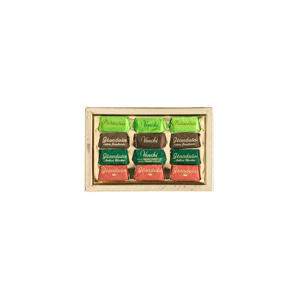 Venchi, goldene Geschenkbox mit verschiedenen Gianduiotti-Pralinen, 110 Gramm Naty Shop Chocolates