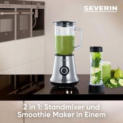 SEVERIN Multimixer, 2-In-1 Standmixer Und Smoothie Maker Mit 1 L Glas-Mixbehälter Und Trinkbecher, Küchenmixer Mit 2 Stufen Und Pulse-Funktion, 500 W, Edelstahl/Schwarz, SM 3737 Mutter und Kind Naty Shop
