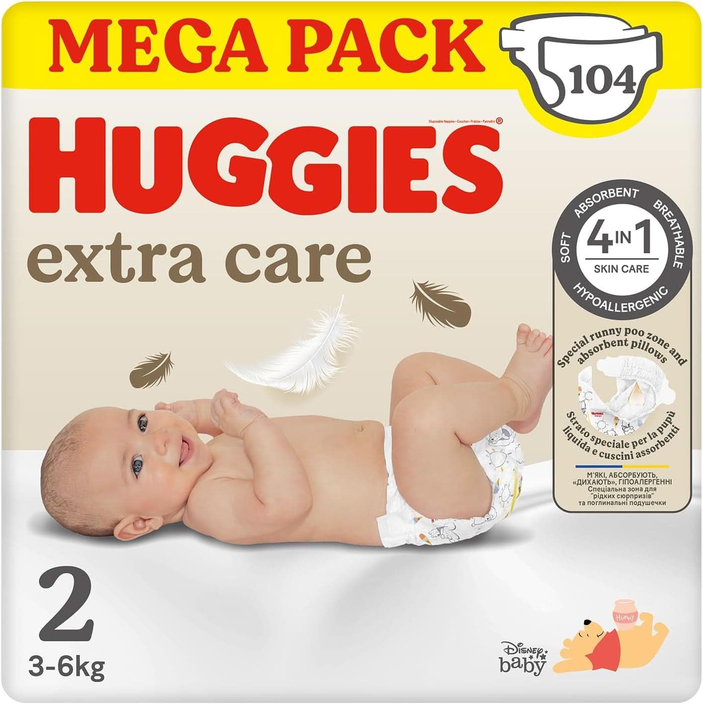 Huggies Extra Care Bebè, Windeln Größe 2 (3-6 kg), sehr saugfähig, Disney-Design, Megapack, 104 Stück Mutter und Kind Naty Shop