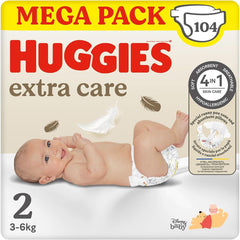 Huggies Extra Care Bebè, Windeln Größe 2 (3-6 kg), sehr saugfähig, Disney-Design, Megapack, 104 Stück Mutter und Kind Naty Shop