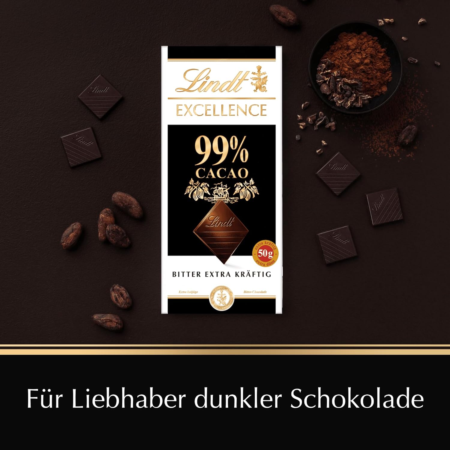 Lindt EXCELLENCE 99 % dunkle Schokoladentafel – Intensiver Kakaogeschmack 50 g Vegan Premium