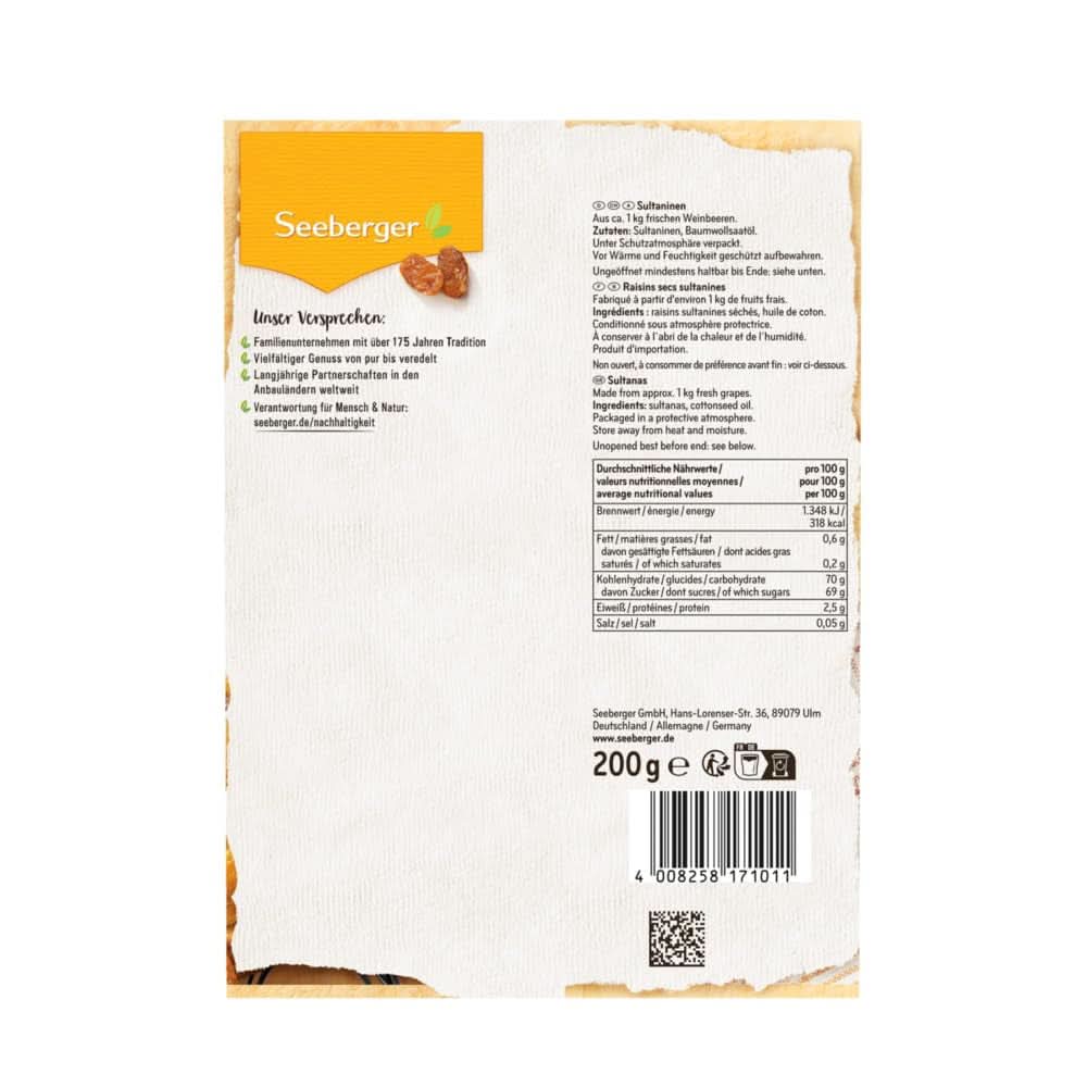 Seeberger Sultaninen: Leichte, süße und fruchtige Sultaninen aus der Türkei, Packung 13 x 200 Gramm. Trockenprodukte Naty Shop