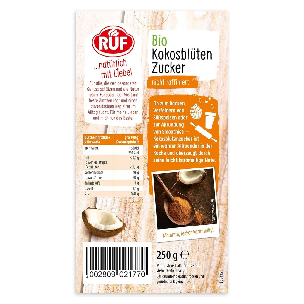 RUF Bio-Kokosblütenzucker, natürlicher Süßstoff, Karamellgeschmack, 250 Gramm Süßstoffe Naty Shop