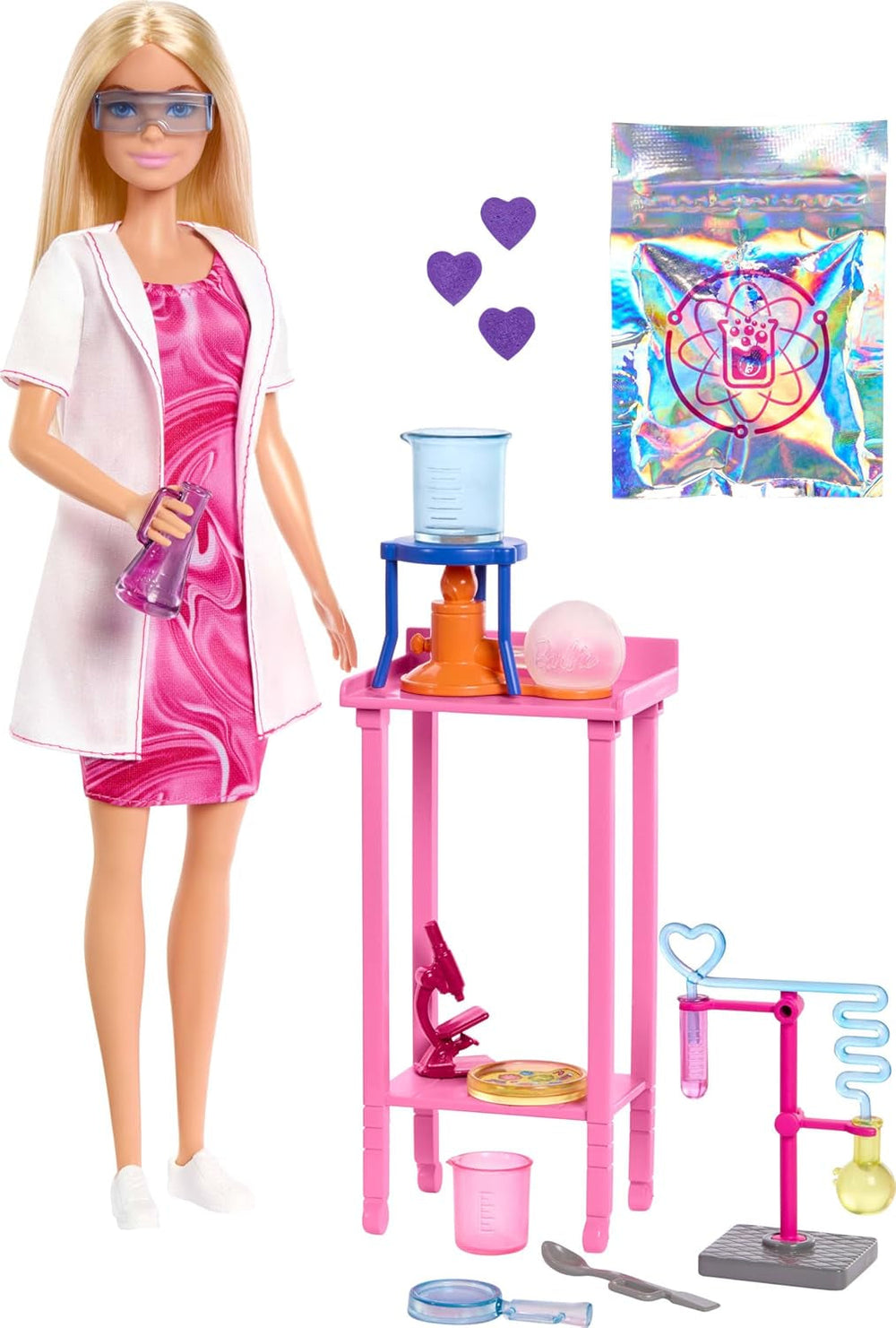 Barbie-Puppe Wissenschaftlerin und Zubehör mit Blonder Modepuppe, Labortisch, Mikroskop, Farbwechsel-Becherglas und Petrischale, JCR70