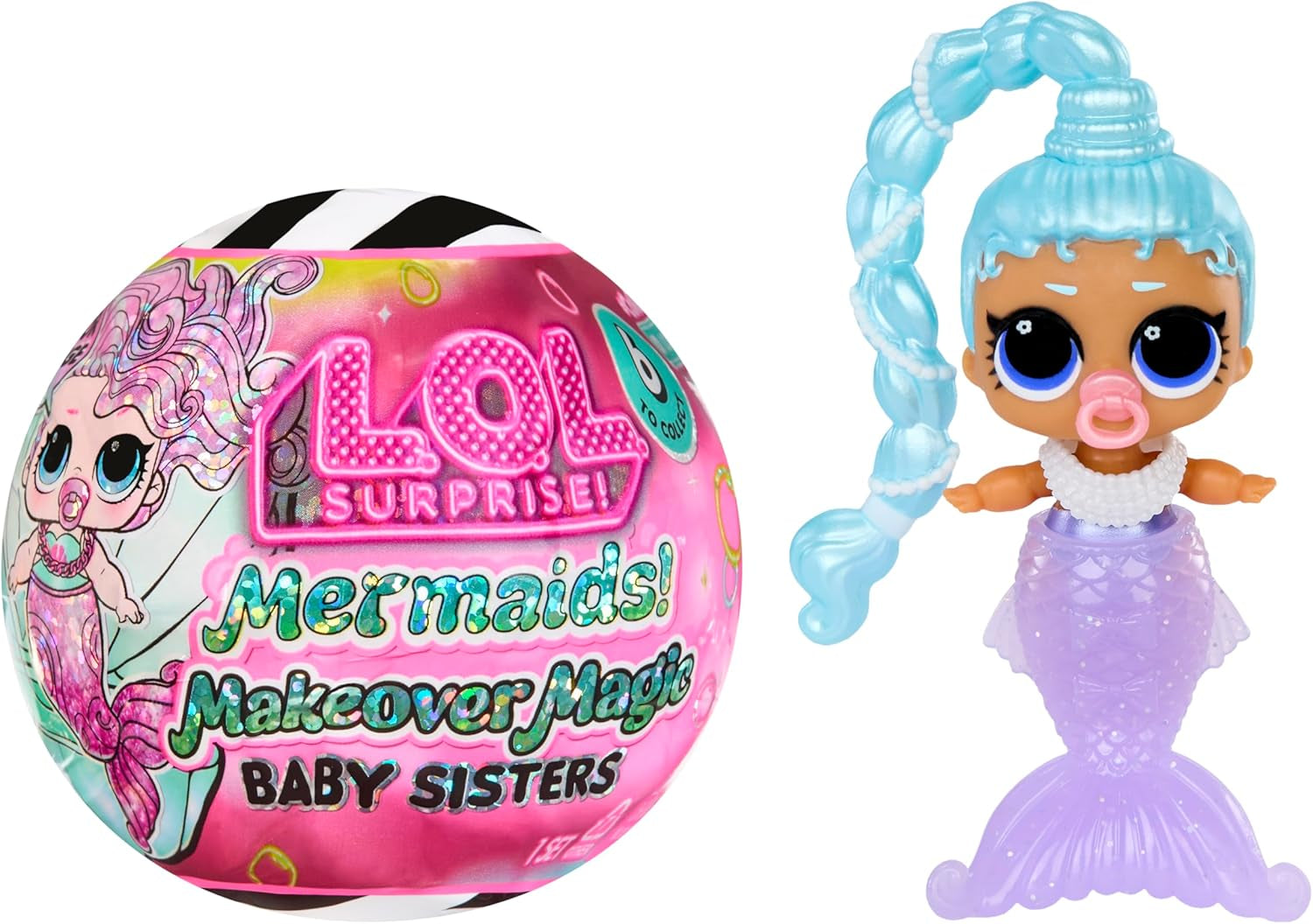 LOL Surprise! Sirene Makeover Magic Baby Sisters – Coadă de sirenă care își schimbă culoarea cu bilă de scoică pentru expunere, 6 păpuși de colecție – vârste 4+