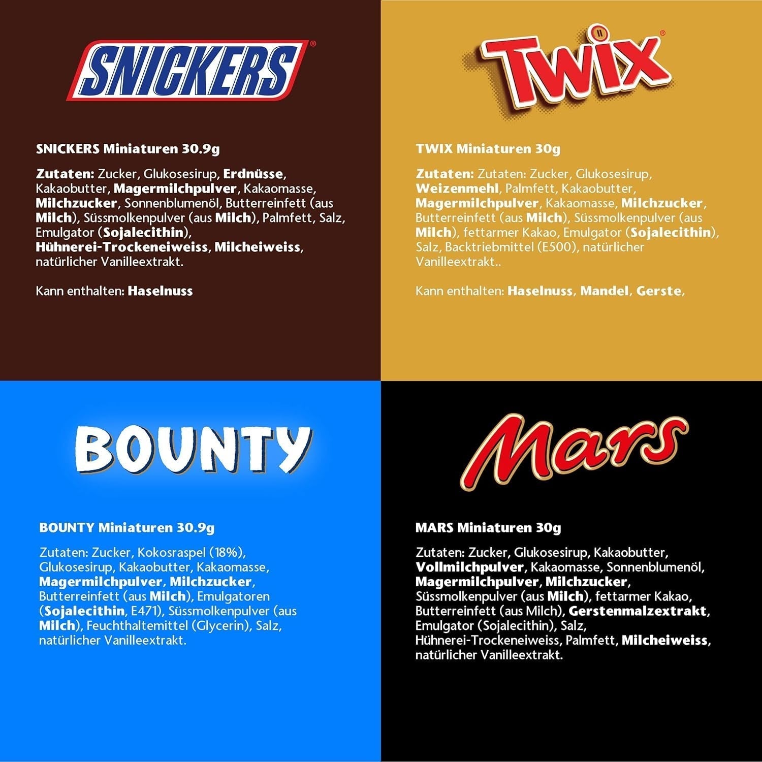 Mischung aus Miniaturen, Mars, Snickers, Bounty & Twix, klassische Riegel im Miniformat, 296 Riegel, 3 kg Schokoladenbonbons Naty Shop