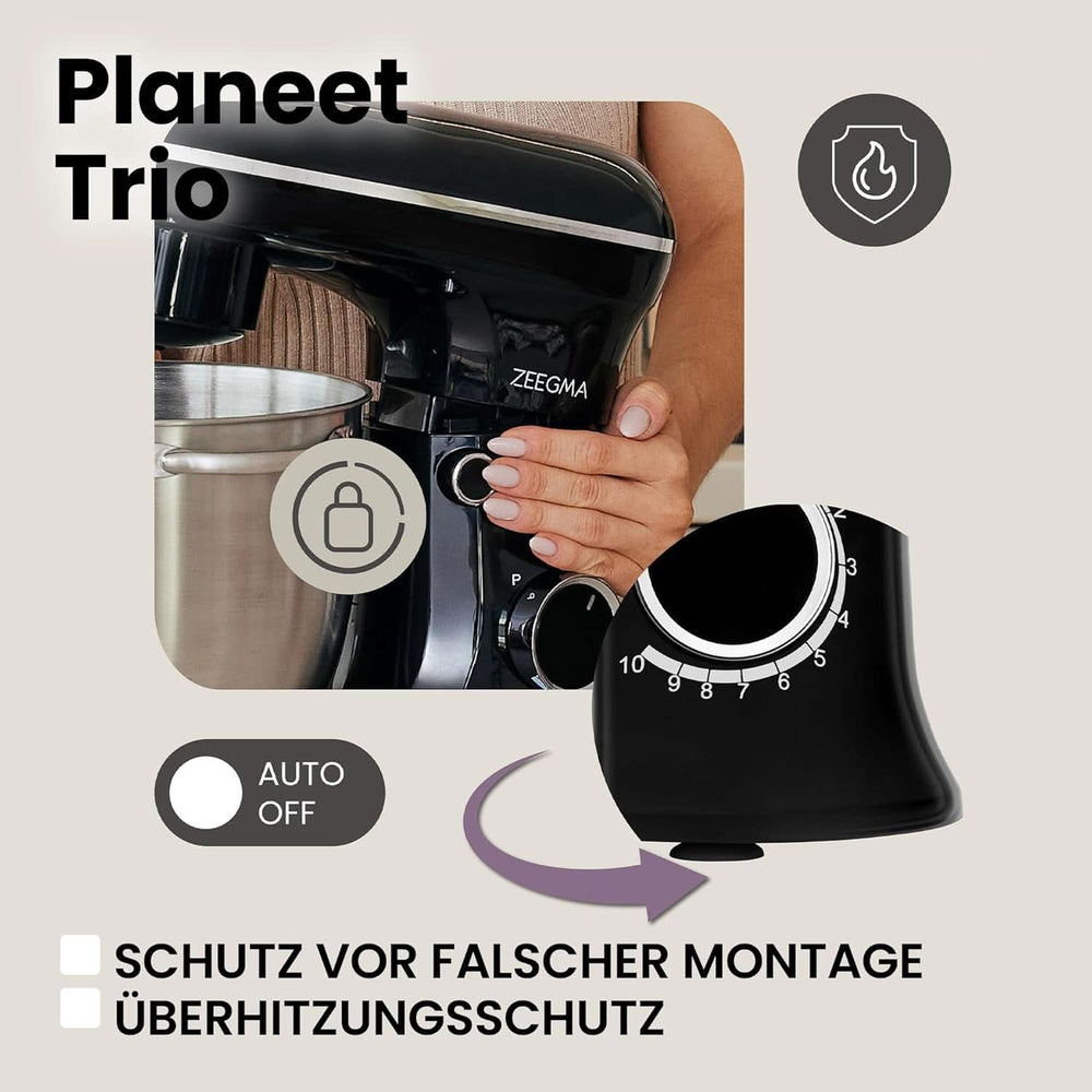 ZEEGMA PLANEET TRIO Planetenroboter, 1500 W, Multifunktionale Küchenmaschine Mit 3 Schüsseln 4 L, 4,5 L Und 5,2 L, 10 Betriebsgeschwindigkeiten, Mixer Mit Haken, Schneebesen (Schwarz) Mother and Child Naty Shop
