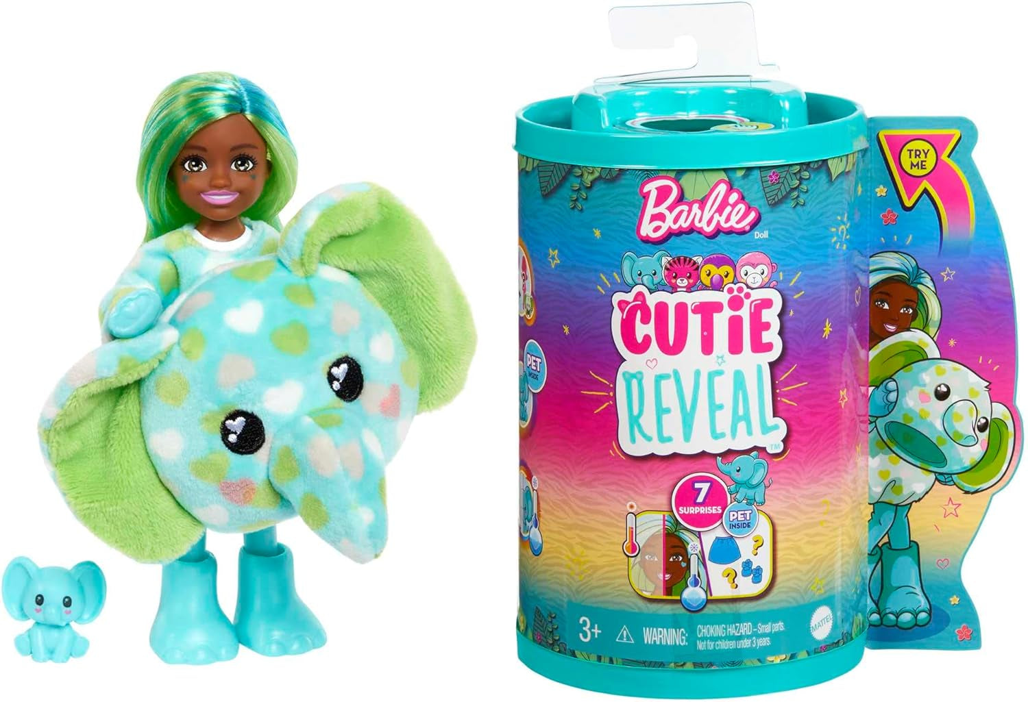 Barbie Cutie Reveal, Chelsea Puppe mit Elefantenzubehör, 7 Überraschungen, Haustier, Farbwechseleffekt, inkl Cutie Reveal Puppe, Geschenk für Kinder, Spielzeug ab 3 Jahre,HKR13