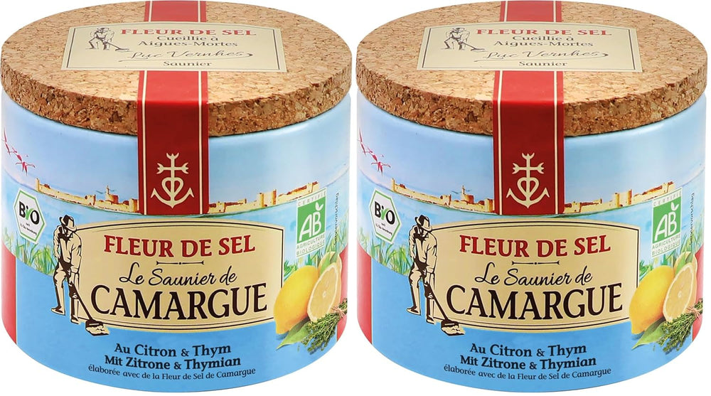 Le Saunier de Camargue Fleur De-Sel Zitrone Thymian in 125 g Dose, Premium Meersalz aus Süd-Frankreich, Ideal als Finishing von Speisen und zum Verfeinern von Gerichten