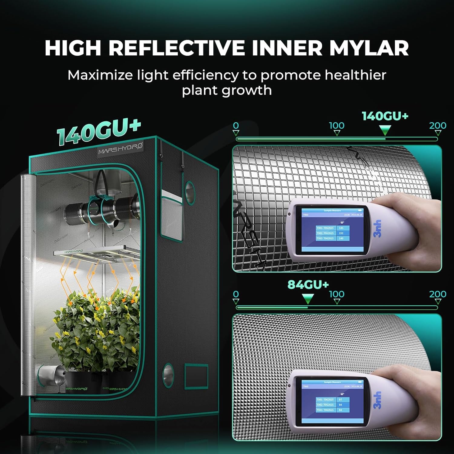 Cort de creștere MARS HYDRO 60x60x140cm, Cort de creștere pentru interior, Corturi de creștere din Mylar reflectorizante pentru hidroponie, Tavă inferioară detașabilă, pentru spațiu de creștere a plantelor