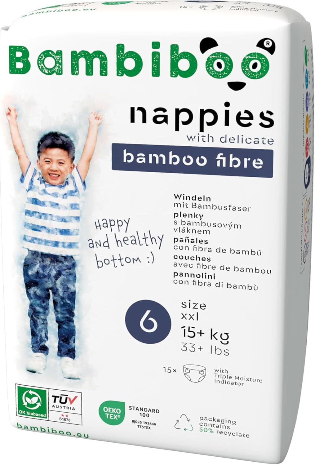 Bambiboo-Wegwerfwindeln, hautfreundlich, Nabelöffnung, verschiedene Größen, Mutter- und Babywindeln von Naty Shop, Größe 6, 15 Stück
