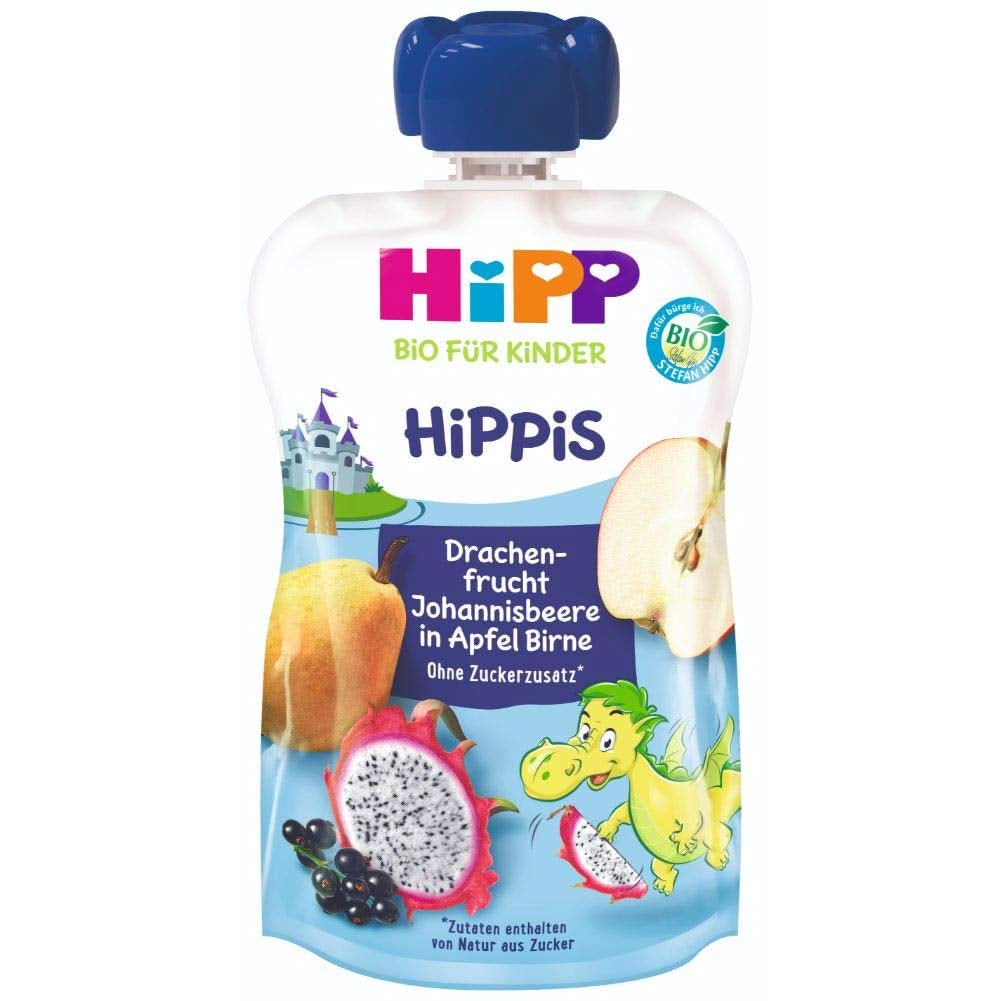 Hipp Super-Hippis Quetschbeutel, Granatapfel-Acerola in Apfel-Himbeere, 100 % Bio-Früchte ohne Zuckerzusatz, 6 Beutel à 100 g Mutter und Kind Naty Shop 6 x 100 Gramm Drachenfrucht, Äpfel, Birnen
