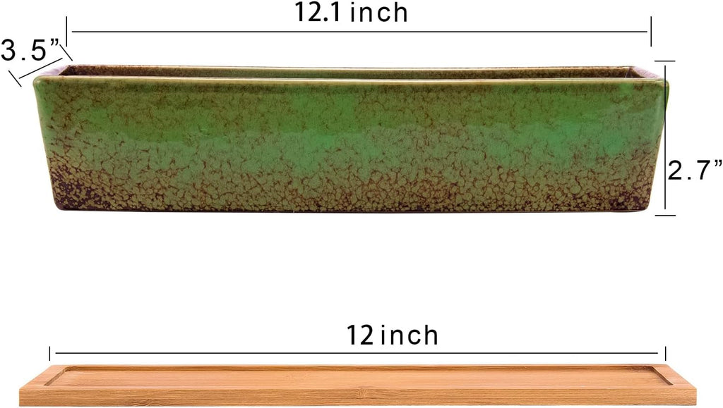 Ghivece ceramice pentru suculente, 30 cm, moderne, lungi, dreptunghiulare, recipient pentru flori cu tavă, cutie plată pentru cactus și bonsai cu drenaj, pentru uz interior și exterior, decorațiuni interioare