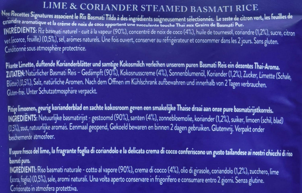 Orez TILDA Basmati gătit la aburi cu lime și coriandru pentru cuptorul cu microunde, 250 g