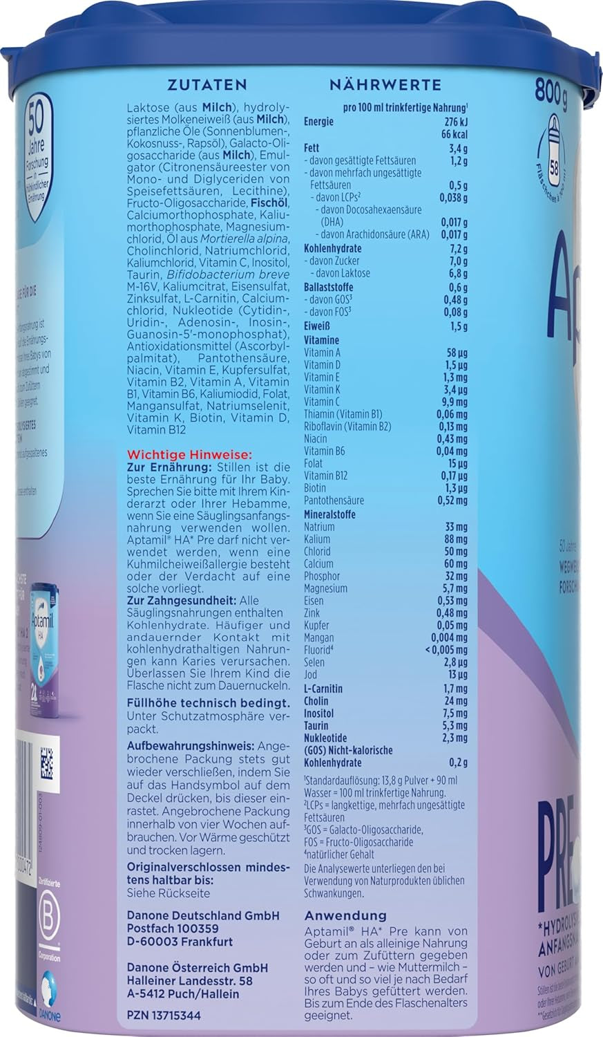 Aptamil HA PRE – Anfangsmilch von Geburt an, Mit DHA, Nur Laktose, Ohne Palmöl, Babynahrung, Milchpulver, 1x 800 g