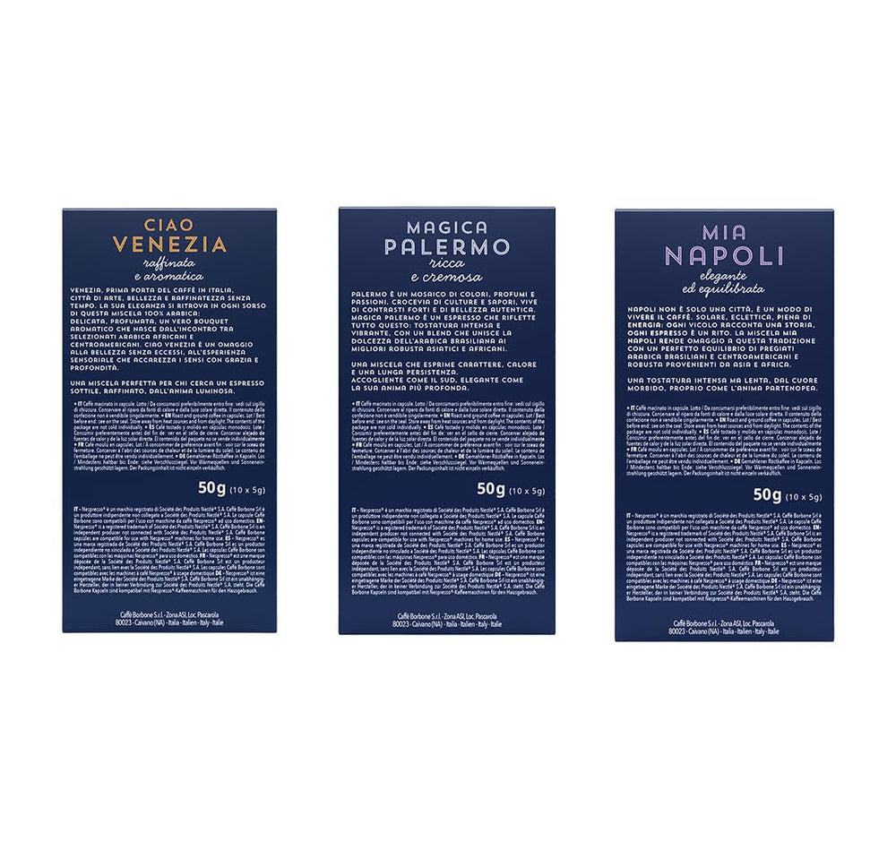 Caffè Borbone Verkostung Kit, 90 Aluminium-Kapseln: 30 Mia Napoli, 30 Ciao Venezia, 30 Magica Palermo, (3 x 30 Stück) – Kompatibel mit Kaffeemaschinen für den Hausgebrauch der Marke Nespresso®*