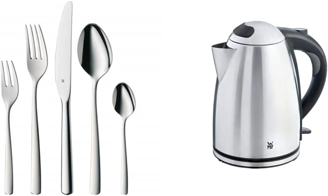 WMF Boston, Besteckset, 30-teilig, Edelstahl für 6 Personen Kitchen Naty Shop Set + Wasserkocher Stelio, 1,7 L Verbundset