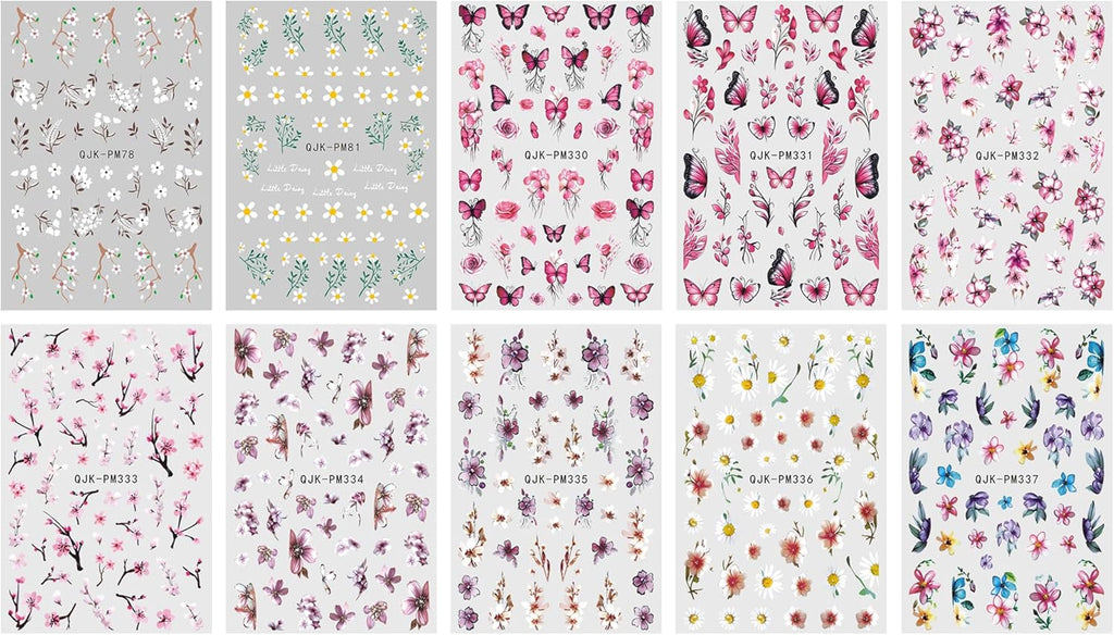 JMEOWIO Nagelsticker Blume 10 Blatt Nail Art Sticker Selbstklebend Nagelaufkleber Frühling Sommer Floral Dekoration Nageldesign Zubehör