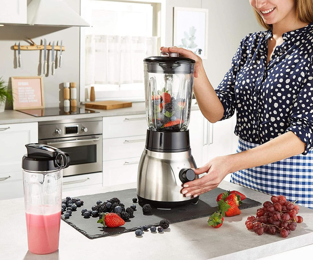 Russell Hobbs Standmixer 2-In-1 [1,5L Glasbehälter Mixer & 0,6L Mini Smoothie Maker -To-Go-Trinkflasche Inkl. Deckel] Spülmaschinenfest, Impuls-/Ice-Crush Funktion, Becher BPA Frei, Edelstahl 23821-56 Bucatarie Naty Shop