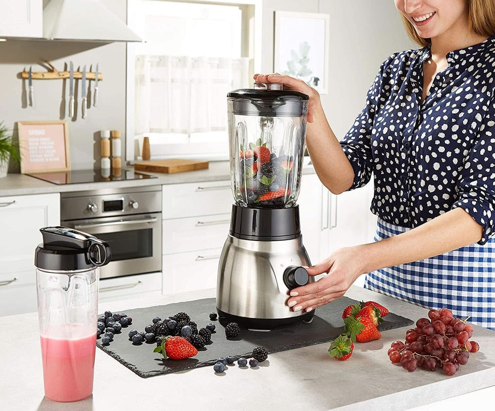 Russell Hobbs Standmixer 2-in-1 [1,5L Glasbehälter Mixer & 0,6L Mini Smoothie Maker -To-Go-Trinkflasche inkl. Deckel] Spülmaschinenfest, Impuls-/Ice-Crush-Funktion, Becher BPA Frei, Edelstahl 23821-56 Kitchen Naty Shop