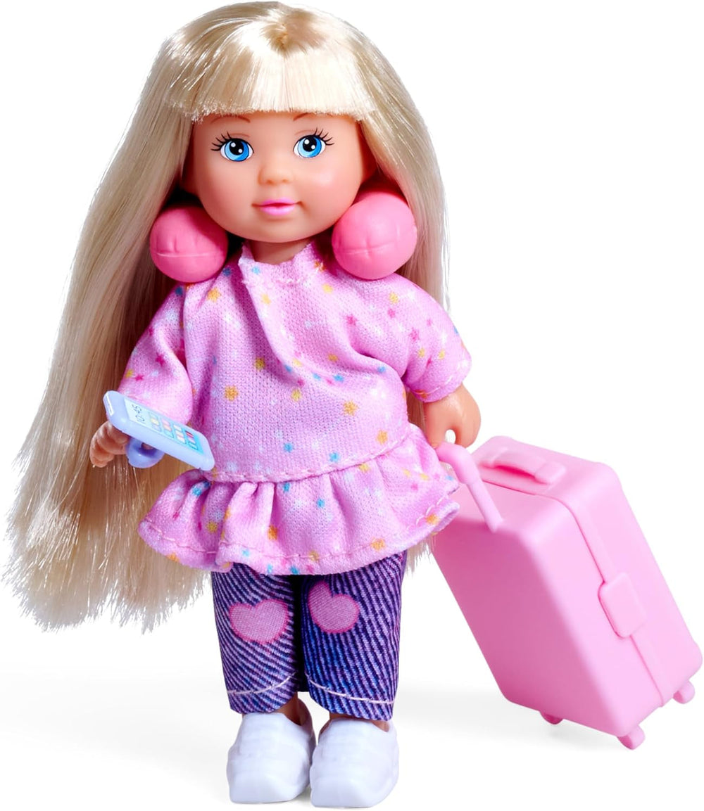 Simba Evi Love Travel Fun – Puppe (12 cm) mit Koffer zum Öffnen & Reise-Zubehör, kreatives Rollenspiel für Kinder ab 3 Jahren