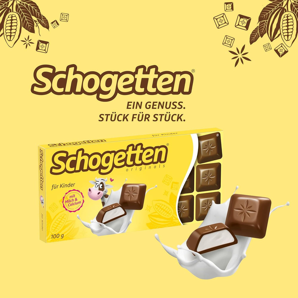 Schogetten pentru copii, tabletă de ciocolată 100g, ciocolată cu lapte cu umplutură cremoasă de lapte, porționată convenabil. O delicatesă. Bucată cu bucată.