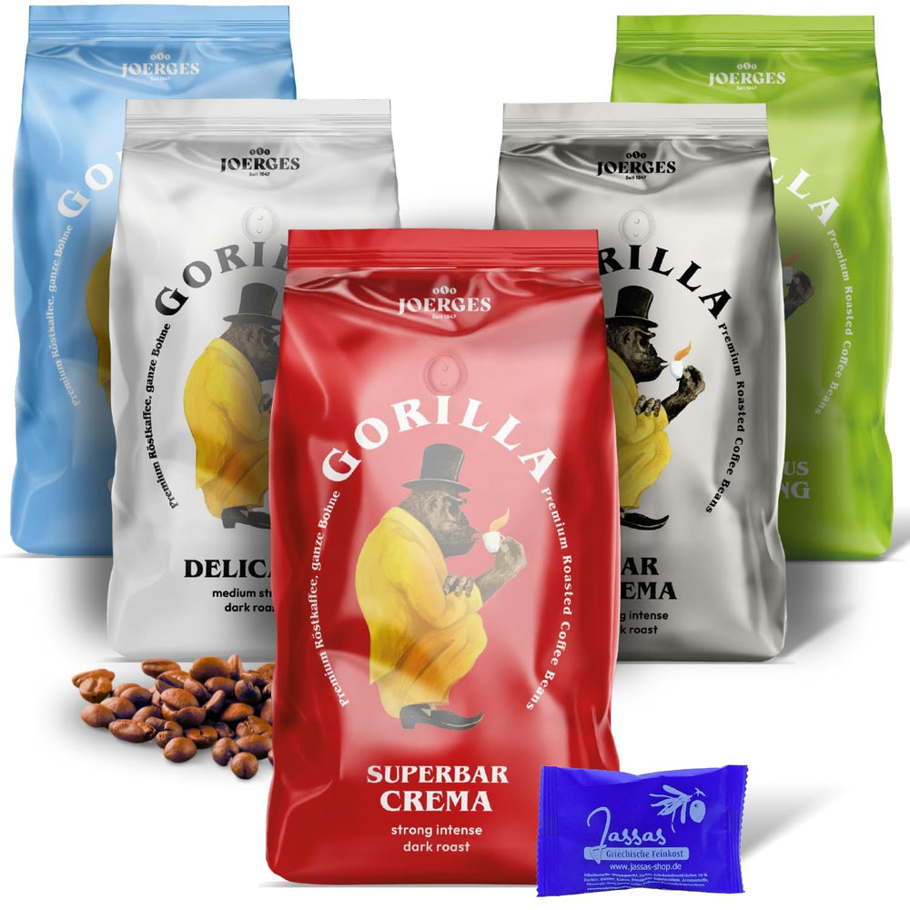 Set de degustare Gorilla Coffee & Espresso 5 x 1000g | Gorilla: Super Bar Crema, Coffee House Blend, Delicato, Café Creme, Super Bar | + Produse de patiserie Jassas