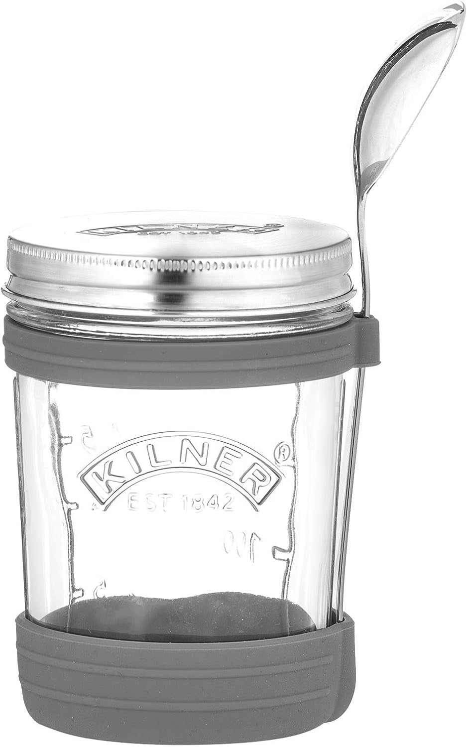 Borcan de mic dejun Kilner cu lingură / 350 ml, Ø 9,5 cm / 5 piese | cană pentru muesli la pachet / non-toxic / recipient din sticlă cu capac pentru muesli, terci și iaurt / recipient pentru ovăz peste noapte Cutii depozitare alimente Naty Shop Pahar pentru supă