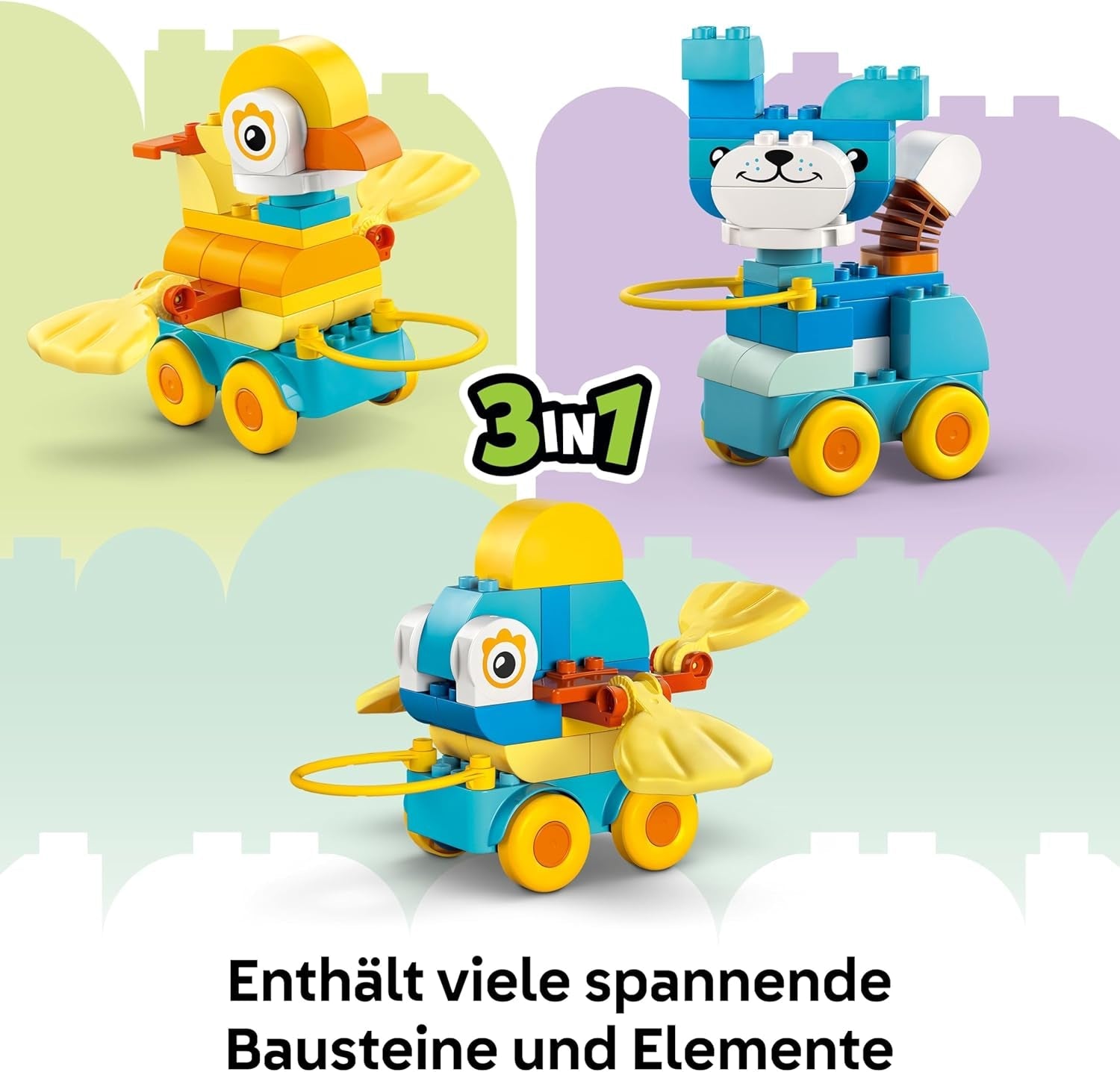 LEGO DUPLO Town Tiere auf Rädern 3-in-1-Set - Montessori Spielzeug zum Bauen von Ente, Fisch oder Hund mit Rädern und Ziehgriff - Geschenk für Mädchen und Jungen ab 2 Jahren - 10448