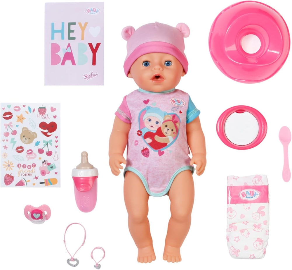 BABY Born Emma - păpușă bebeluș 43 cm - 10 funcții, inclusiv accesorii și saltea - Funcționează complet fără baterii - Potrivită pentru copii cu vârsta de 3 ani și peste