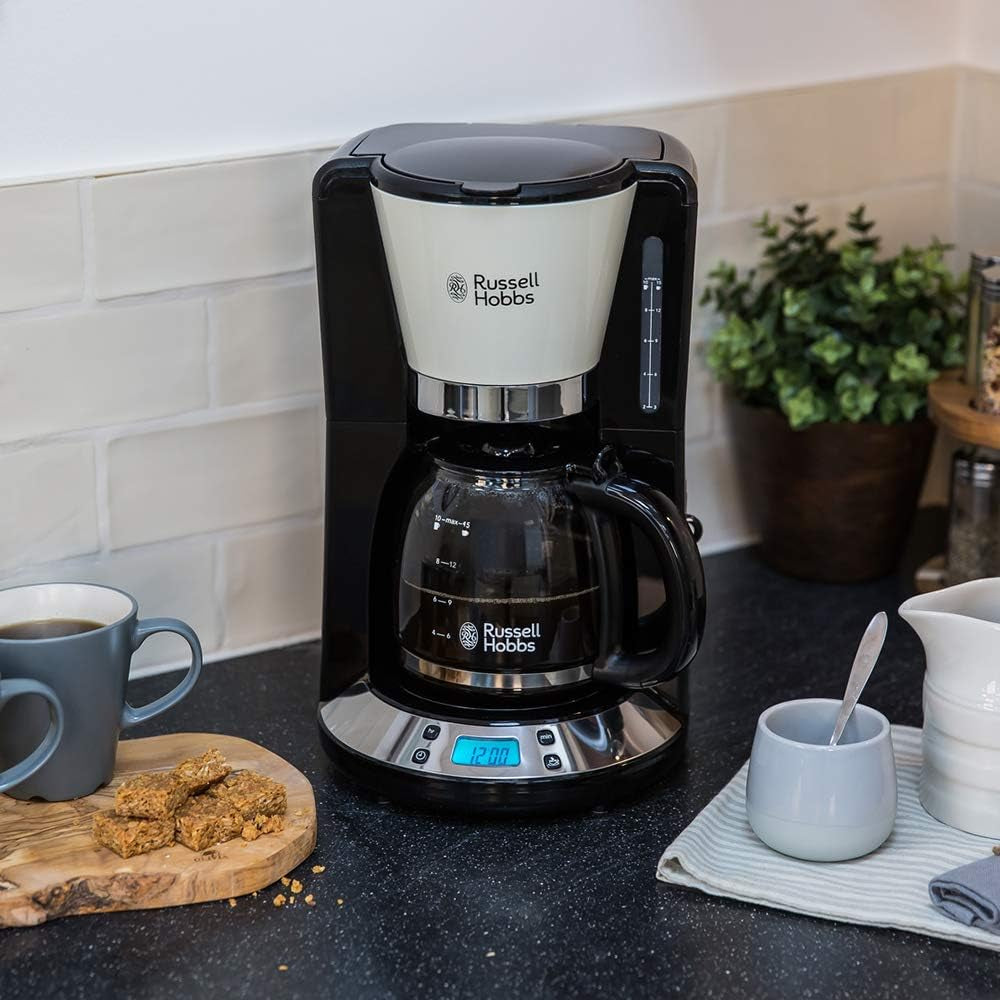Cafetieră Russell Hobbs [Temporizator digital, Cap de duș pentru extracție și aromă optime] Colours+ Creme (1 până la 10 cești, carafă de sticlă de 1,25 l, placă de încălzire, 1100 W) Cafetieră cu filtru 24033-56