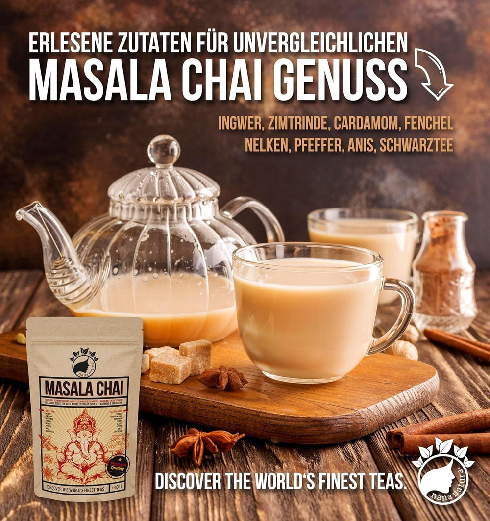 Nananatura'S MASALA CHAI TEE 100G | Perfect pentru ceai chai, chai latte cu lapte sau chai rece | 100% natural | Ceai negru delicios cu condimente indiene aromate | Încălzitor și energizant