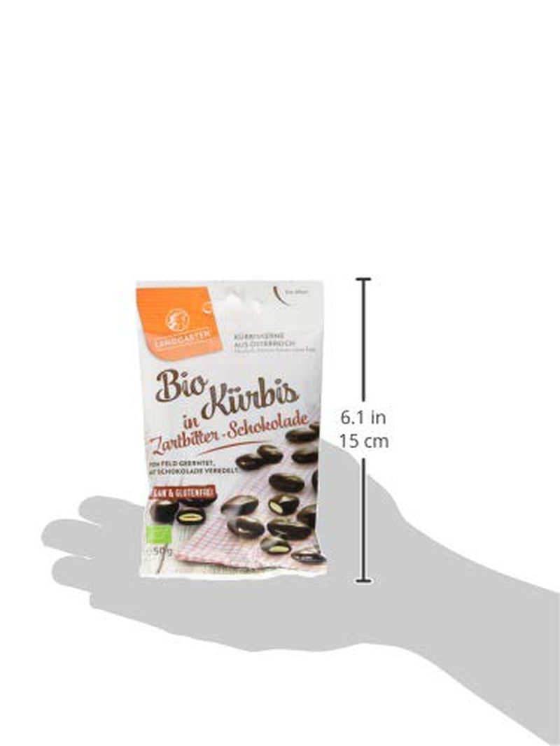 Semințe de dovleac organice Landgarten în ciocolată neagră – Gustare vegană de ciocolată cu semințe de dovleac prăjite – Sursă de magneziu – 1 x 50 g