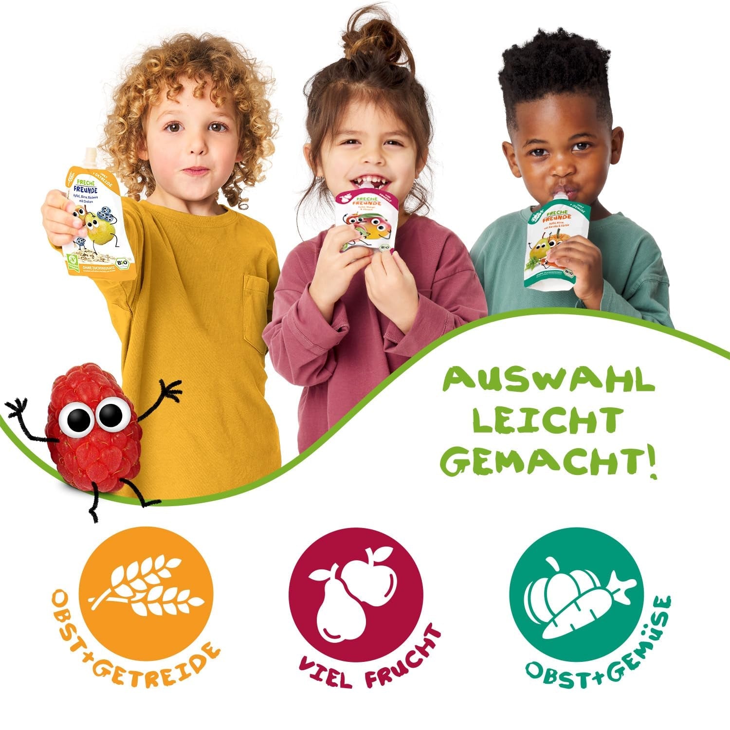 FRECHE FREUNDE Pliculeț cu fructe organice Banană, Măr, Zmeură, Afine cu ovăz, Piure de fructe cu cereale într-un pliculeț compresibil pentru bebeluși de la 6 luni, Vegan, Pachet de 6 (6 x 100g)