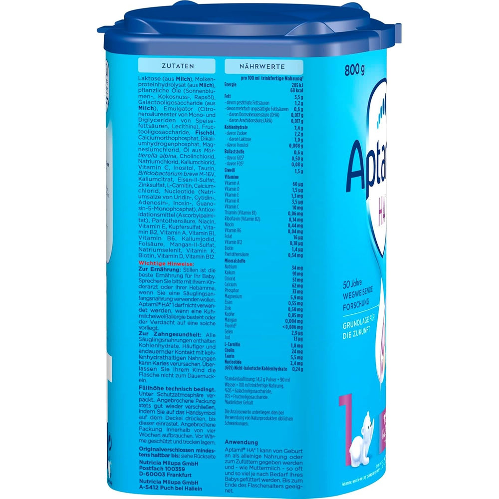 Aptamil HA 1 – Anfangsmilch von Geburt an, Mit DHA, Nur Laktose, Ohne Palmöl, Babynahrung, Milchpulver, 1x 800 g (Packung mit 4)