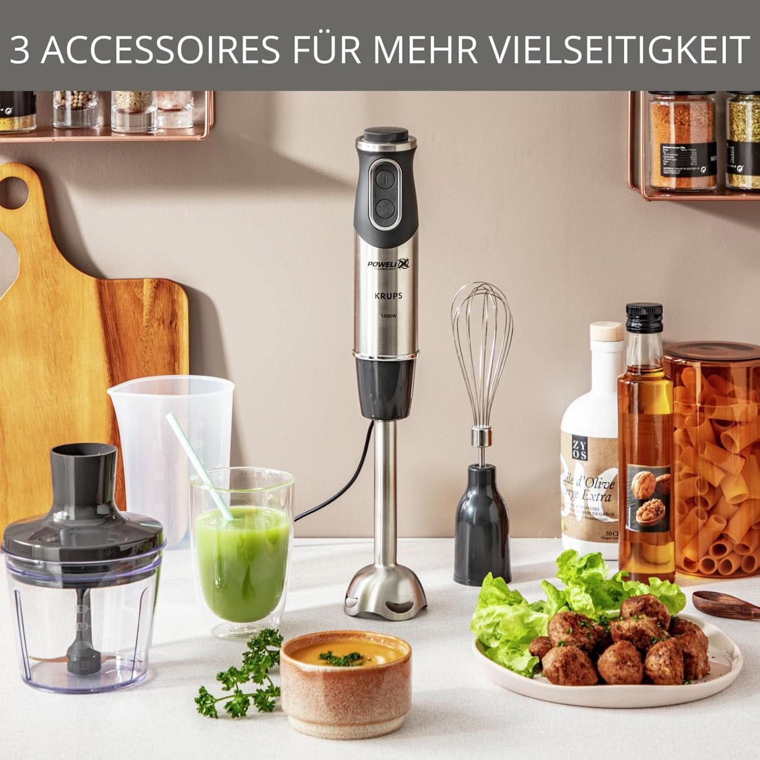 Krups Perfect Mix Stabmixer HZ6568 | Blender | 1000 Watt | Edelstahlfuß | 4 Extra Scharfe Messer | Powelix Technologie | Schneebesen | 500 Ml Zerkleinerer | 800 Ml Messbecher | Schwarz/Silber Bucatarie Naty Shop