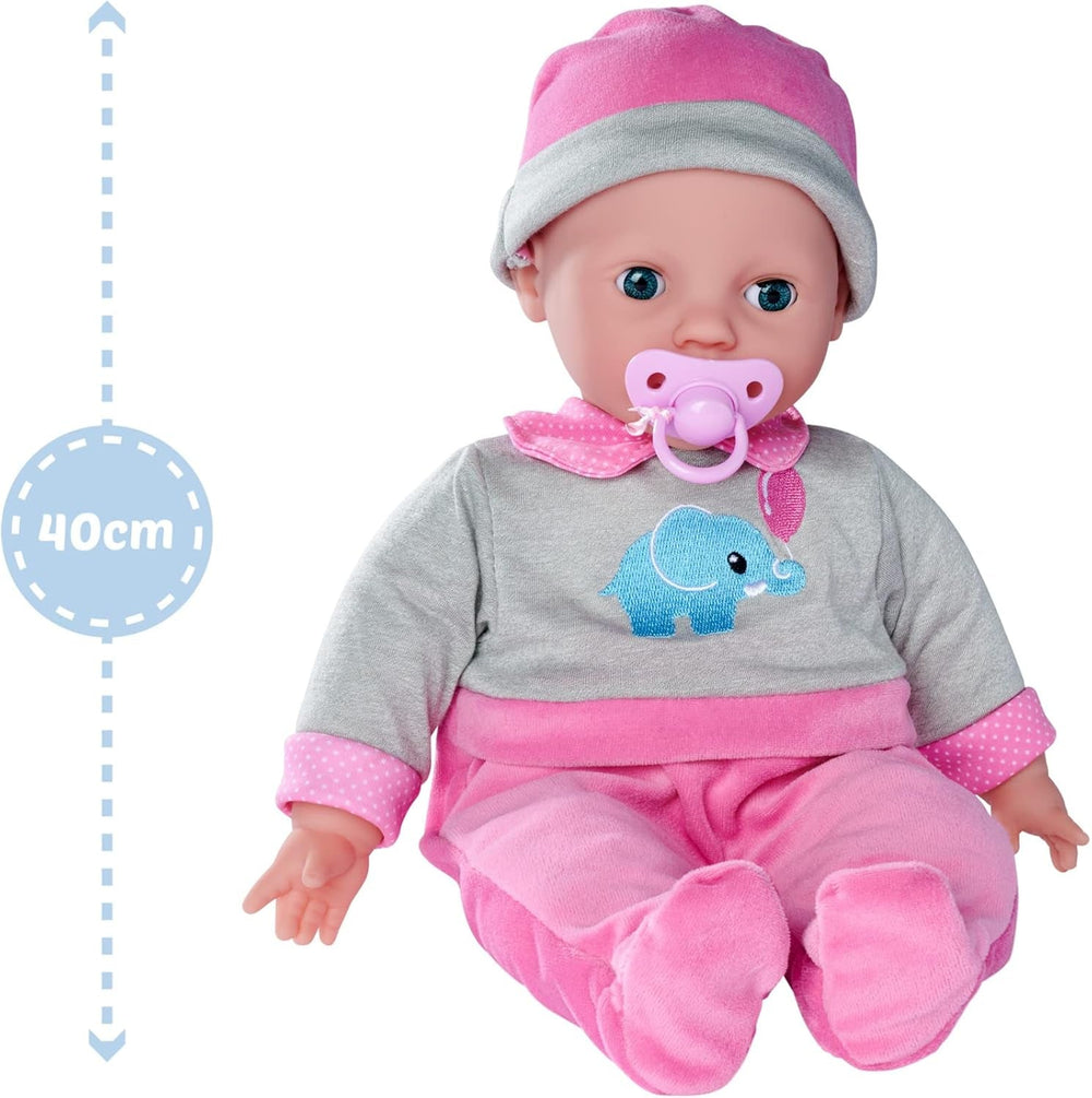 Simba 105140066 - Laura Interactiv, Weichkörperpuppe mit Schlafaugen, brabbelt bei Bewegung, trinkt von Flasche und schläft EIN, 40cm, Babypuppe ab 2 Jahre