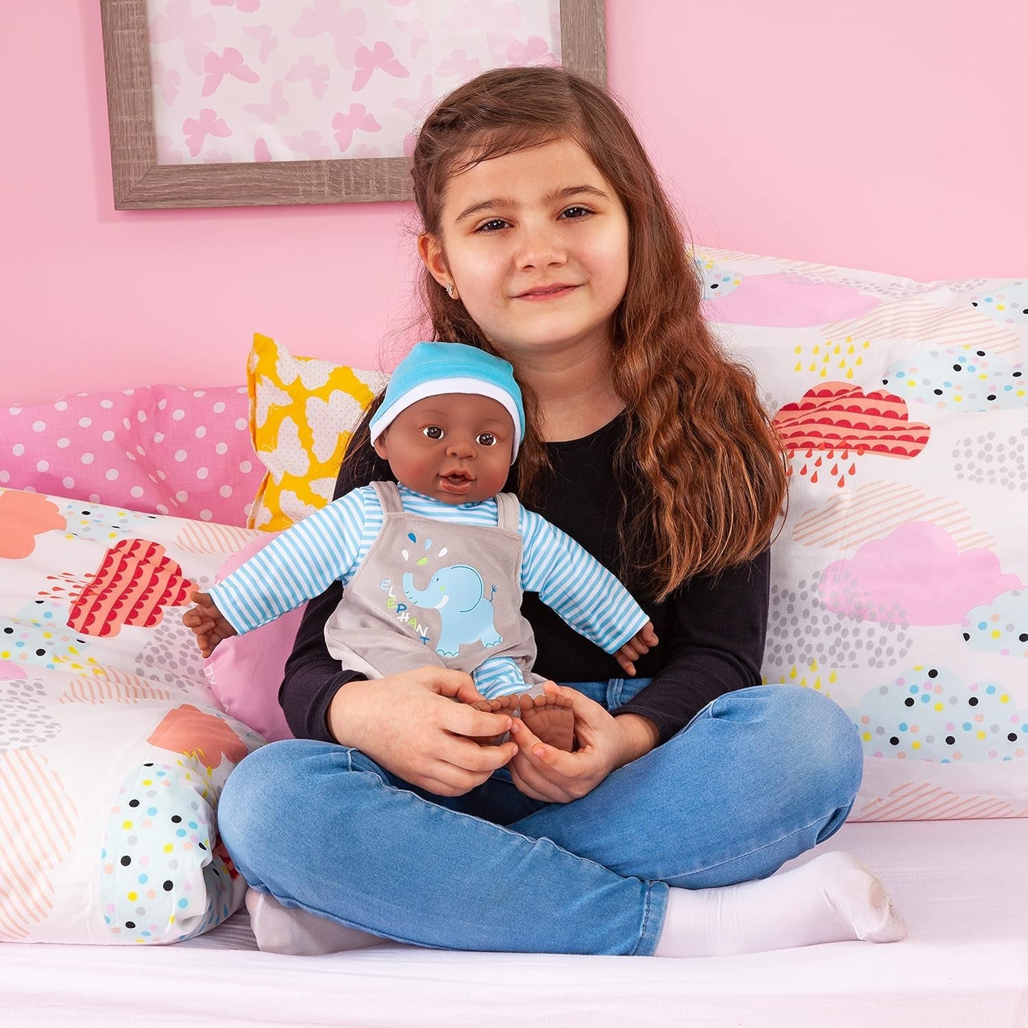 Bayer Design 94001AH Funktionspuppe, Babypuppe Interaktiv, Junge, sprechend, weicher Körper, 40 cm, dunkelhäutig, Blau