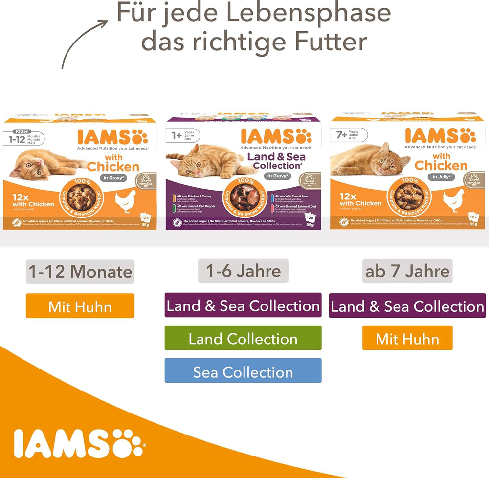 IAMS Delights Land & Sea Collection Hrană umedă pentru pisici - Pachet multiplu cu sortimente de carne și pește în sos, hrană umedă pentru pisici de la 1 an, 12 x 85 g