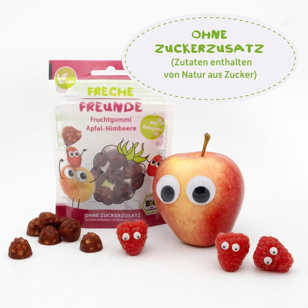 FRECHE FREUNDE Jeleuri organice cu fructe, măr, zmeură și acadele de orez, gustare dulce-fructată pentru copii, fără gluten, vegană, pachet de 20 (20 x 30g)
